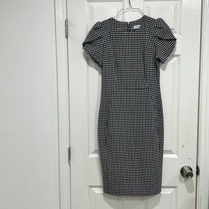 Calvin Klein gingham plaid navy blue and white puffy sleeves midi dress